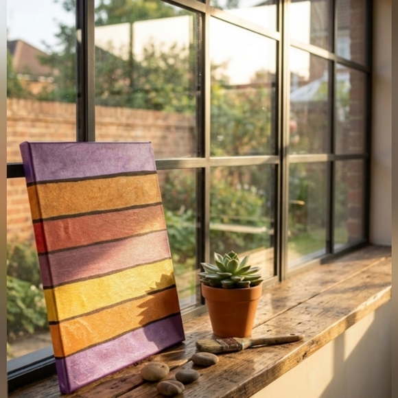 Handmade Other - 8x10 Original Metallic Striped Abstract Painting - Sunset Colors Boho Wall Art